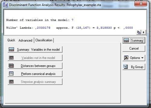 Рис. 10.2.6. У вкладці Advanced у вікні Discriminant Function Analysis Result можна викликати канонічний аналіз (Perform canonical analysis)