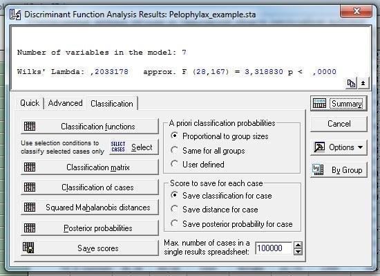 Рис. 10.2.4. Вкладка Classification у вікні Discriminant Function Analysis Result. Щоб оцінити коректність отриманого в результаті аналізу розподілу за групами, треба натиснути кнопку Classification Matrix (див. наступний малюнок)
