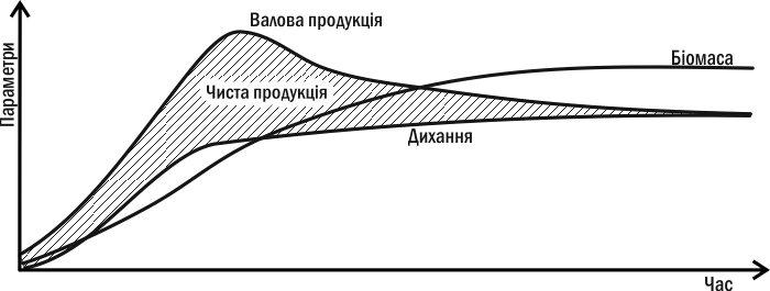 Рис. III-9.1. Зміна продуктивності у ході автотрофної сукцесії Видове різноманіття (або, наприклад, просто кількість видів) у ході первинної автотрофної сукцесії зазвичай зростає, досягає максимуму тоді, коли клімаксне угруповання вже з'явилося, а ос