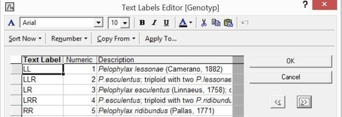 Рис. 2.2.4. Коди змінної Genotip у файлі Pelophylax_example.sta Змінна генотип ділить жаб на 5 досліджуваних форм, кожна з яких представлена самками й самцями. Форми LL і RR є «хорошими» видами, а форми LLR, LR і LRR є міжвидовими гібридами, які ма