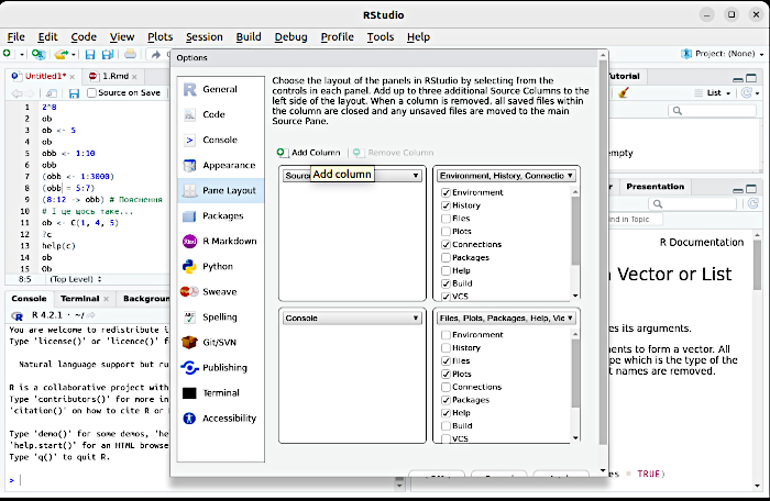 Рис. 4.10.1 Пройдіть шляхом опцій у меню RStudio: Tools / Global Options... / Pane Layout / Add Column У такому випадку зручно будувати код у другій колонці, у редакторі скриптів (рис. 4.10.2). Після необхідних спроб (а в R загалом достатньо важко о