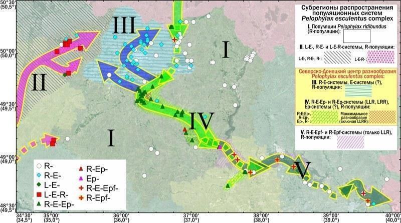 Рис. 7. Типи популяційних систем, субрегіони в регіоні дослідження, розташування Північно‑Донецького центру різноманіття Pelophylax esculentus complex і ймовірні шляхи поширення різних форм зелених жаб\nДодавання до аналізу географічних ознак (ба