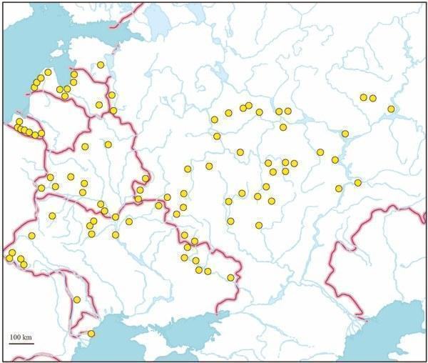 Fig. 1. The distribution of hybrid Rana esculenta in European part of the former Soviet Union (based on genome size data). MATERIAL AND METHODS Since 1989, a total of 551 green frogs were collected in eastern Ukraine and examined by DNA flow cyto
