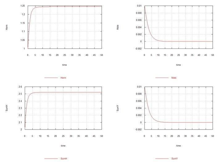 Рис. 5. (Fig09m) – Умови аналогічно Fig04m з тією відмінністю, що Kys вибрано рівним 7e-5, тобто константи швидкості сперматогенезу в гермафродитів HH і самців HY однакові. Демонструється витіснення самців за цих умов. Раунд 3 У систему гермафрод