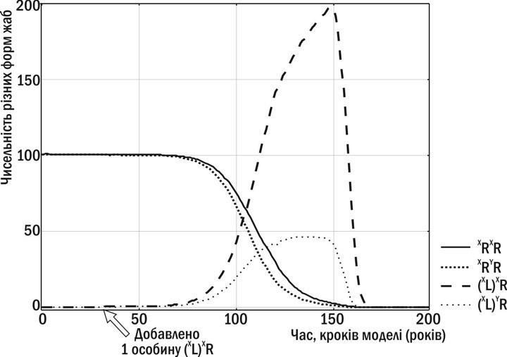 Рис. 1. Трансформації ГПС P. esculentus complex за даними імітаційного моделювання (9). Потрапляння в популяцію P. ridibundus особини P. esculentus з жіночим клональним геномом – (XL)XR – призводить до того, що всі особини в ГПС несуть клональний