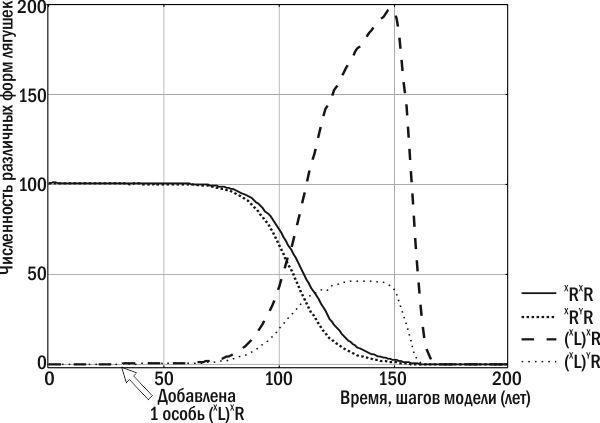 Рис. 1.** Чисельність різних форм жаб у складі нерестового стада під час експерименту з моделлю **Batrachometrics‑2010**. У популяцію **P. ridibundus** на 30‑му році додано самку **P. esculentus**, яка передає гетероспецифічний клональний геном.