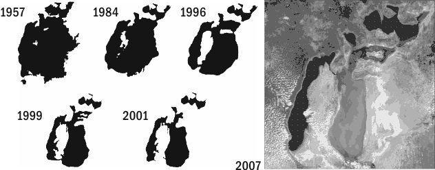 Fig. VI-9.1. Reduction of the Aral Sea area and its photograph from space taken in 2007. The white color in the photograph is the color of salt flats Some reserves for irrigation use have been preserved. They are related to the use of drip irrigatio