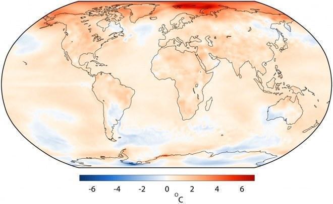 Fig. VI-12.2. Change in average temperature in 2016 across different regions of Earth's surface relative to the average temperature recorded for the thirty-year period from 1981 to 2010Thus, the fact of warming has been recorded. One might think its