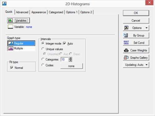 Fig. 5.1.2. Quick histogram building dialog Clicking the Variables button, select the variable Genotype. In this tab you can also select several variables (and, in the simplest case, build several graphs simultaneously). To select variables that ar
