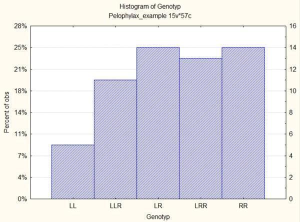 Fig. 5.1.5. Distribution of frogs from the file Pelophylax_example.sta by genotype Another important characteristic of the material is sex. Can we build a corresponding graph only for females? For this, click the Select Cases (Sel Cond) button. In
