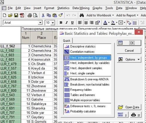 Рис. 4.2.2. Меню Statistics / Basic StatisticsУ меню Statistics / Basic Statistics треба вибрати підходящий варіант порівняння вибірок за критерієм Ст'юдента. У пропонованому вікні є чотири варіанти такого порівняння.Варіанти застосування критерію