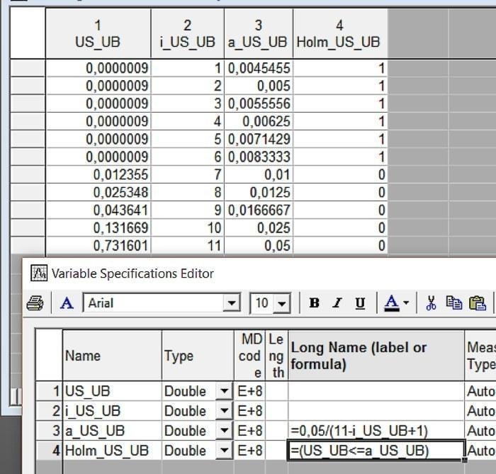 Рис. 4.7.1. Реалізація процедури Хольма-Бонферроні засобами StatisticaСлід особливо підкреслити, що проблема множинних порівнянь стосується не лише порівняння вибірок, а й усіх випадків множинного застосування статистичних критеріїв. Щоб переконати