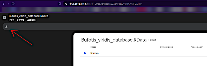 Fig. 2.3.2. Downloading Bufotis_viridis_database.RData\nTable 2.3.1. Morphometric characters by which green toads (Bufotis viridis) were described in the Bufotis_viridis_database.RData dataframe\n\nCode\n\nCharacter\n\nCode\n\nCharacter\nOld code\n