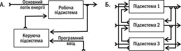 Рис. I-6.2. Особливості негативних зворотних зв'язків у технічному пристрої (А.) і екосистемі (Б.) Регуляція на різних рівнях біосистем часто здійснюється завдяки негативним зворотним зв'язкам, що надає багатьом біосистемам подібні властивості. Нав