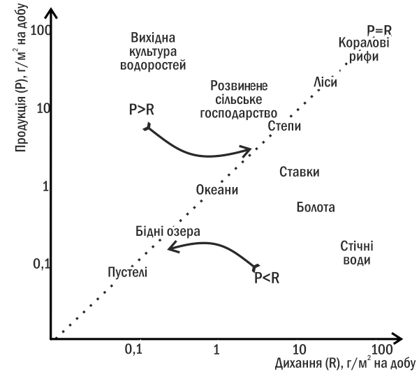 Fig. III-8.1. Ordination (placement) of different types of ecosystems on the 'production - respiration' planeIf in some community production exceeds respiration (for example, in the initial culture of algae—a solution of mineral salts populated by ph