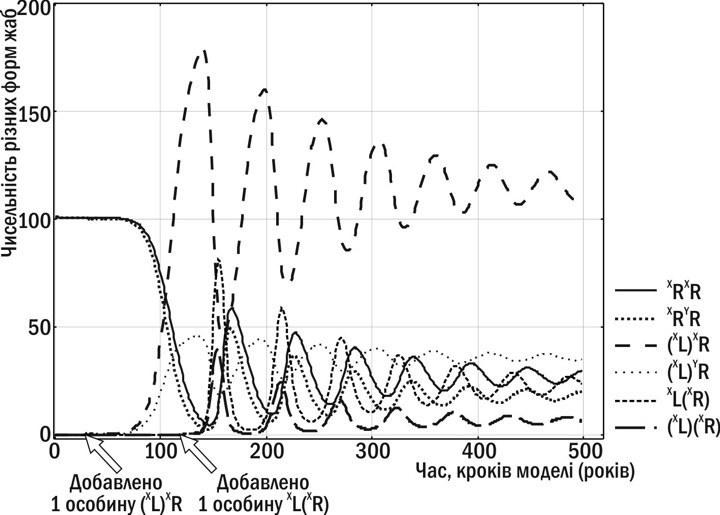 Рис. 2. Трансформації ГПС P. esculentus complex за даними імітаційного моделювання (9). ГПС, в якій передаються різні клональні геноми, переходить до стабільного стану та нормально відтворюється Ефективність групового добору зі порівнянні з генни