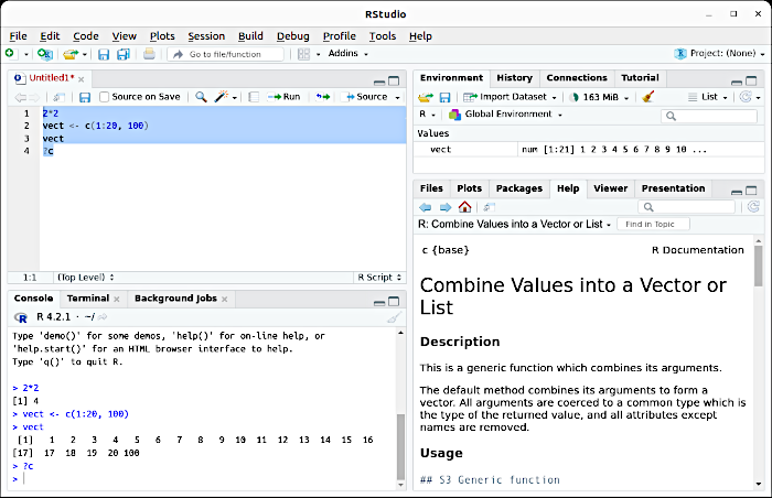Fig. 2.3.1 The sequence of commands highlighted in the script window was executed by the Run button. The consequences of its execution are visible in all other windows of RStudioA very simple (and actually meaningless) sequence of commands is writt