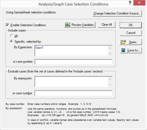 Fig. 5.1.6. Select Cases dialog (Observation selection) Immediately after opening this window most of its controls are disabled for editing; to enable them, check the Enable Selection Condition box. If, during any analysis, the user does not notice
