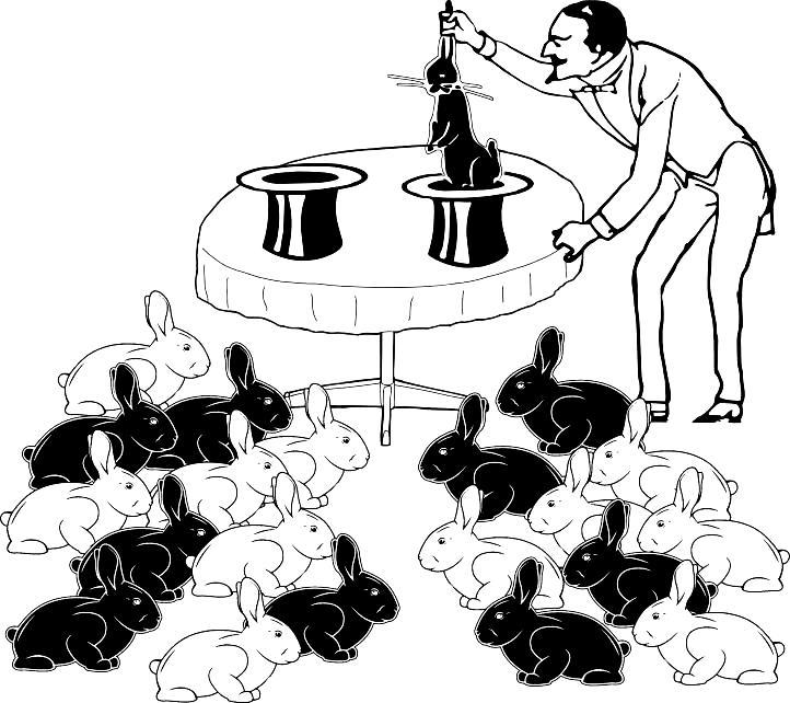 Fig. 1.4.6. Is this distribution of rabbits consistent with the assumption that through the two hats the magician inserts his hands into different spaces? Perfectly consistent!Thus, the case in Fig. 1.4.5 provides grounds for a definite conclusion,