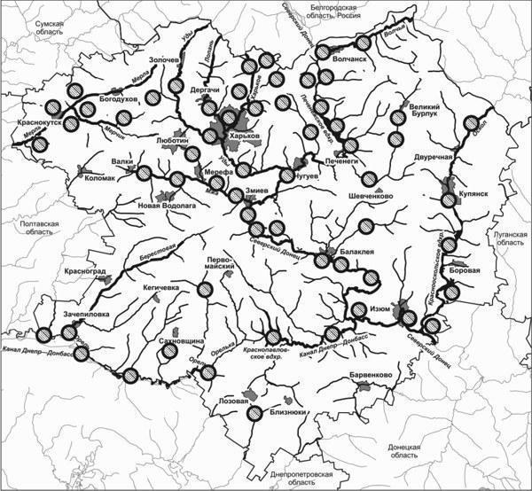 Рис. 1. Місця збору вибірок Pelophylax esculentus complexМетодика опису біотопів у місцях проведення досліджень. Опис місць проживання здійснювався за схемою, у якій враховувалися елементи рельєфу, тип наземного місця проживання, тип водойми, клі