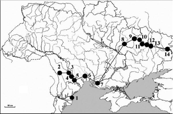Рис. 1. Південна межа поширення Rana esculenta на території України і Молдови. 1 - Вилкове; 2 - Вулканешти; 3 - Дойбани 2-ге; 4 - Тирасполь; 5 - Кіцкани; 6 - Березовський ліс; 7 - Голопристанський р-н; 8 - Руський Орчик; 9 - Велика Гомільша; 10 -