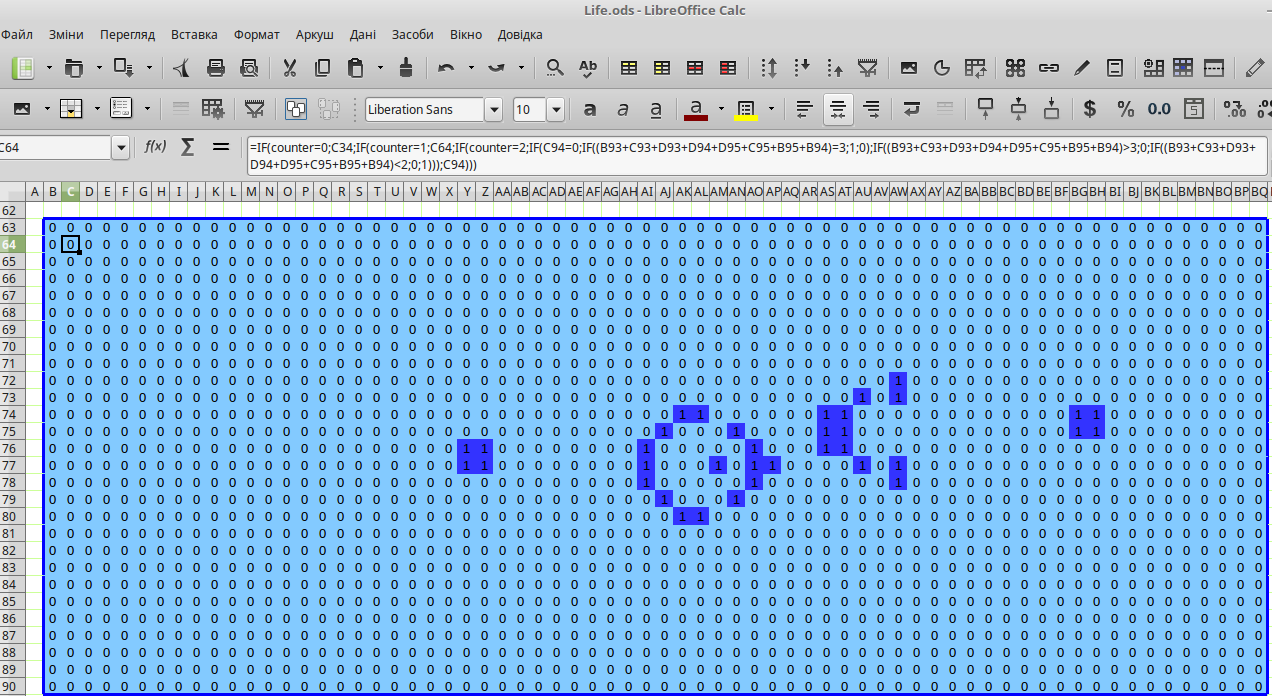 Fig. 9.5. The blue field is rebuilt when the phase switch has value 2Cell B63 has a slightly different formula:=IF(counter=0;B33;IF(counter=1;B63;IF(counter=2;IF(B93=0;IF((BQ120+B120+C120+C93+C94+B94+BQ94+BQ93)=3;1;0);IF((BQ120+B120+C120+C93+C94+B9